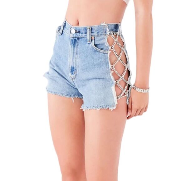 FURST OF A KIND VINTAGE CRISS CROSS SIDE CHAIN DENIM SHORTS |Size:24| - Picture 3 of 6